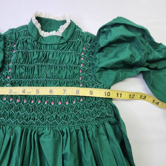 Girls' Green White Lace Trim Puffed Long Sleeve Zip Back Holiday Smocked Dress - Picture 3 of 6